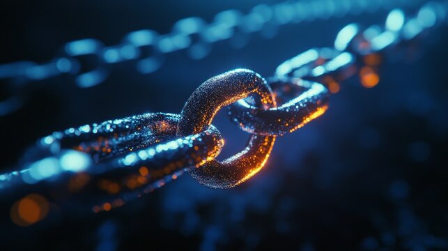 Digital chain on indistinct blue glowy surface symbolizes connected internet future and security.