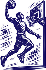 Basketball player dunking in dynamic woodcut style illustration