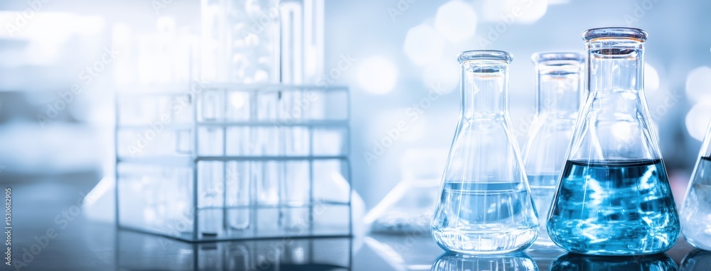 Poster laboratory glassware containing blue liquids stands on a table in a laboratory, with test tubes in t