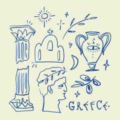 Ancient greek sculptures, ruined column, olive branches, pottery vase, architecture and other elements collection set vector image, mythology sacred mystical vibe digital stickers, blue Santorini