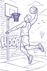 Basketball player dunking on outdoor court line art illustration