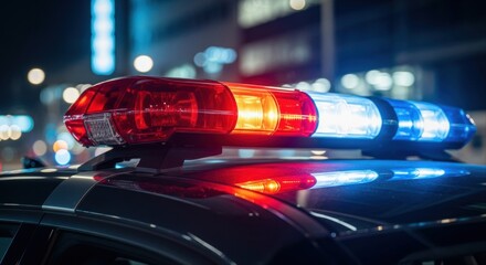 Emergency light bar flashing on a police patrol vehicle at night in the city