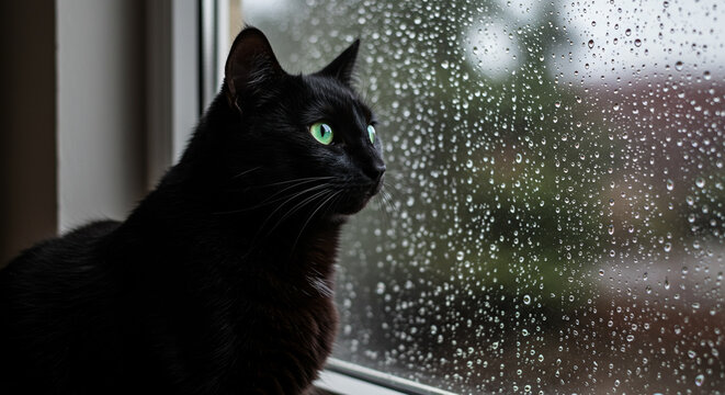 Black cat gazes out rain-streaked window, observing the downpour.