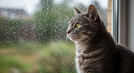 A grey tabby cat sits by a rain-streaked window, gazing intently at the outdoor scene.