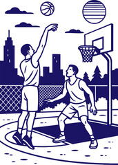 Basketball players shooting and defending on outdoor court line art