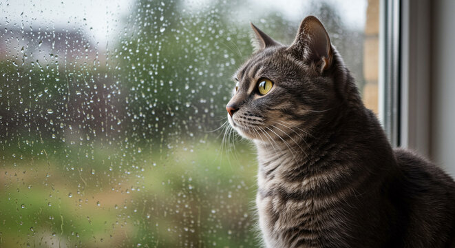 A grey tabby cat sits by a rain-streaked window, gazing intently at the outdoor scene.