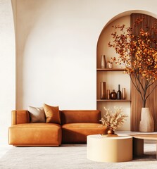 Modern Living Room with Orange Leather Sectional and Autumnal Decor