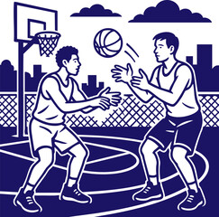 Two players passing basketball on outdoor court line art style