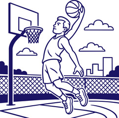 Basketball player dunking on outdoor court line art illustration