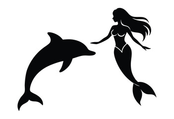 Fototapeta premium Dolphin and Mermaid Silhouette Vector Illustration for Sea Theme Design, Fantasy Ocean Artwork