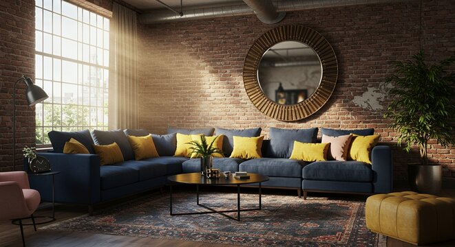 Sunlit Loft Living Room with Navy Sectional and Gold Mirror - Powered by Adobe