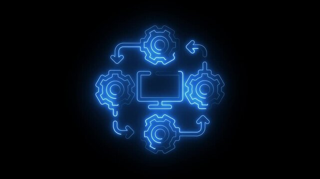 owing neon workflow icon blue color   on black background. video motion graphic 4k animation.. 