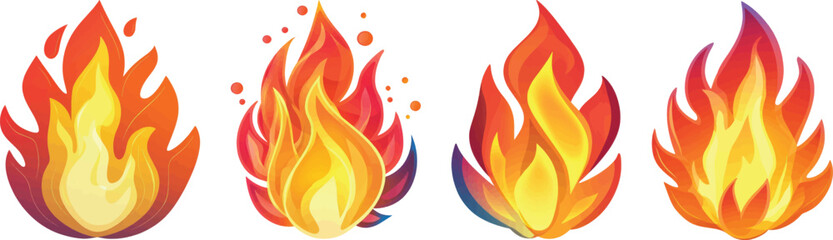 Fire Flames Set Vector Illustration, Isolated on White Background.