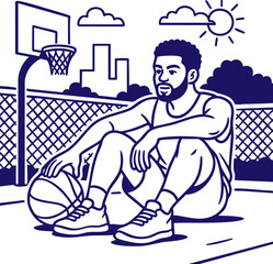 Basketball player resting on outdoor court line art illustration
