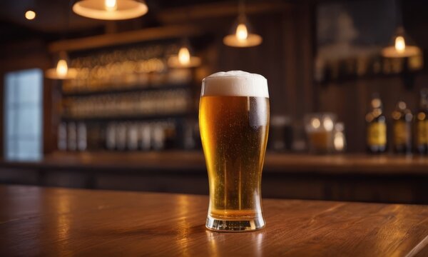 Golden pint of fresh beer with frothy head on a bar top ambiance - Powered by Adobe