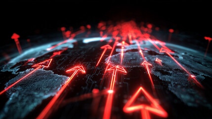 Red Arrows Ascending From a Tech World Map