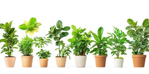 Fototapeta premium Row of potted green plants against a white background. Variety of foliage textures and shapes, in terracotta and white pots. Lush and healthy looking.