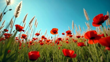 Obraz premium Vibrant poppy flower field with lush green grass and clear blue sky under bright sunlight 
