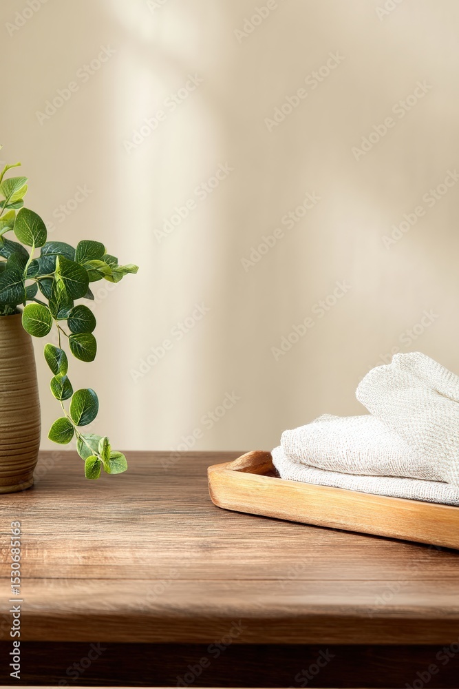 Poster elegant wooden tray holding soft white towels and a green plant sits on a wooden table, creating a s