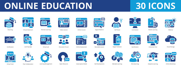 Online education icon pack dual tone collection set for learning and knowledge