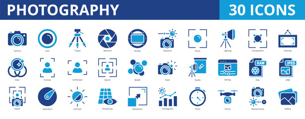 Photography icon pack dual tone collection set for hobbies and professional