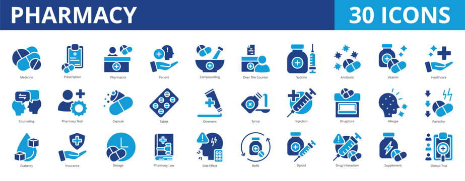 Pharmacy icon pack dual tone collection set for medical and healthcare