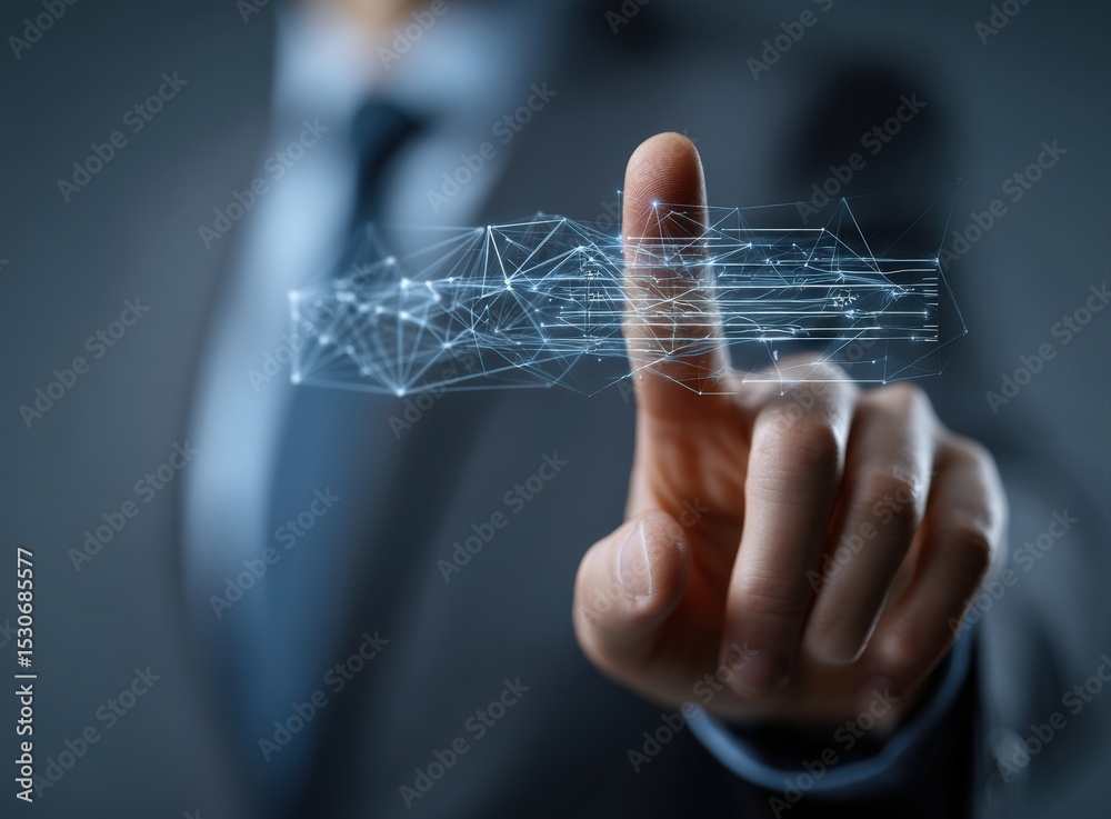Poster Businessman touching a forward button, activating a futuristic digital network connection, symbolizing progress and innovation