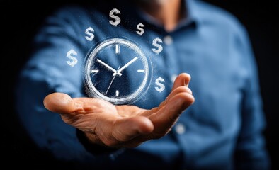Businessman showing time and money symbols floating on his hand representing time is money concept