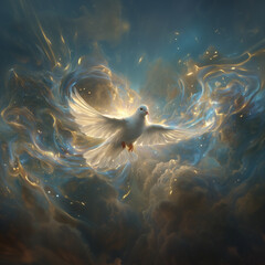 square banner with artistic dove shape over glorious, abstract golden & blue sky; copy space; concept of god, holy spirit, pentecost