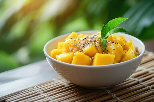 Mango cubes topped with sesame seeds in a bowl.