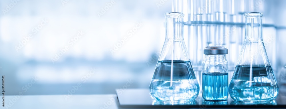 Poster erlenmeyer flasks and vials containing blue and clear liquids on a laboratory table, performing a ch