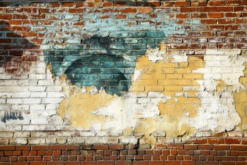 Weathered red brick wall with peeling white paint texture. AI image