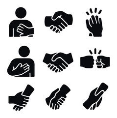 Obraz premium Tactile Gesture Icons. Solid, filled icons set of touch and tactile signals: pat on back, hand squeeze, high
