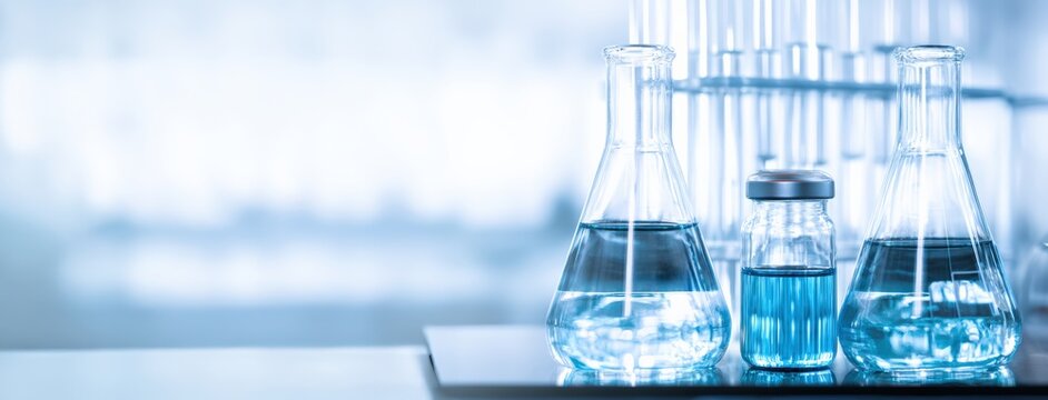 Erlenmeyer flasks and vials containing blue and clear liquids on a laboratory table, performing a chemical experiment