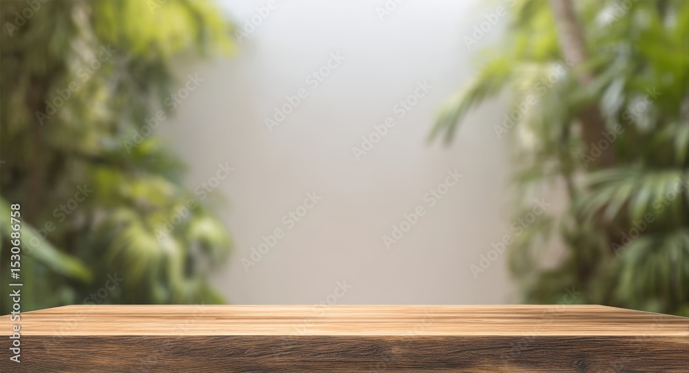 Poster wooden table with out of focus plants creating a calming backdrop, perfect for showcasing products