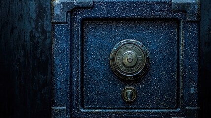Obraz premium A close-up shot of an old, dark-blue metal safe with a combination lock and a small keyhole, showing signs of age and wear, possibly damp