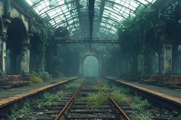 realistic illustration of an abandoned train station reclaimed by nature