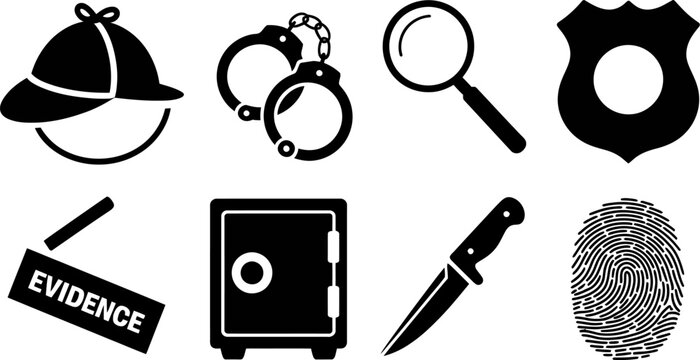 Detective investigation crime scene elements vector illustration icon set silhouette graphic design 100 editable stock vector illustration