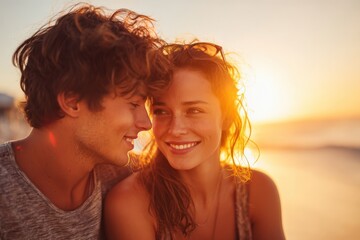 Close Up of Smiling Couple Looking at Each Other at Sunset on Beach