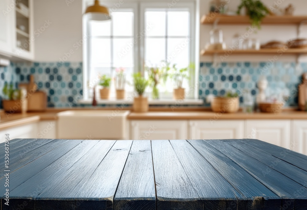 Poster Featuring an empty blue wooden table with a blurred kitchen background, creating an ideal setting for product montage displays
