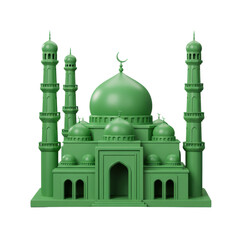 3D green Islamic mosque with large domes and tall minarets, symbolizing a place of worship for Muslims, perfect for Eid or Ramadan themes, isolated on a transparent background, png, cutout.