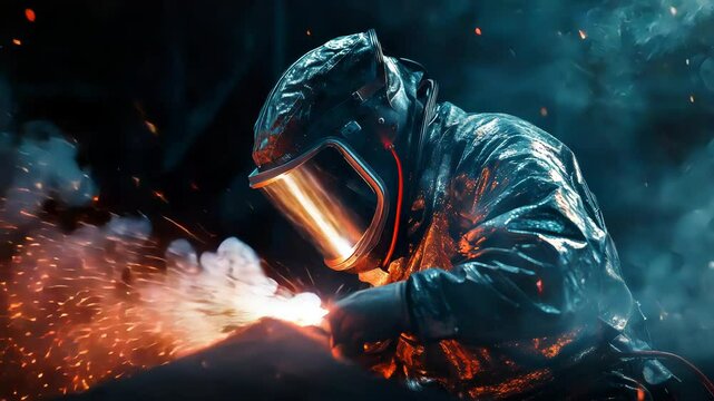Highly skilled welder in full protective gear demonstrating precision craftsmanship with flying sparks