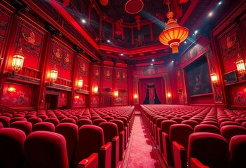 Opulent red Chinese theater interior, ornate details, plush seating, lighting, brocade