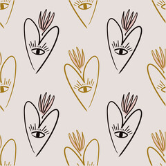 Sacred hearts seamless pattern mystical boho hand drawn sketchy style handmade illustration. Trendy bohemian vintage love symbol element in catholic aesthetic Valentine burning heart day clip-art