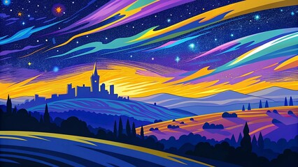 Fototapeta premium Night sky with stars and city on the horizon. Vector illustration.