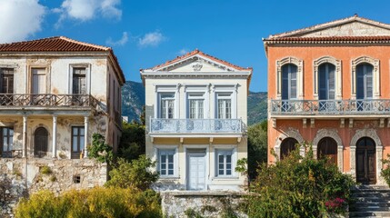 Fototapeta premium Charming Greek Island Architecture: A Trio of Historic Houses