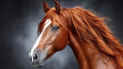 Fototapeta premium Close-up of a chestnut horse with a flowing mane and striking blue eye