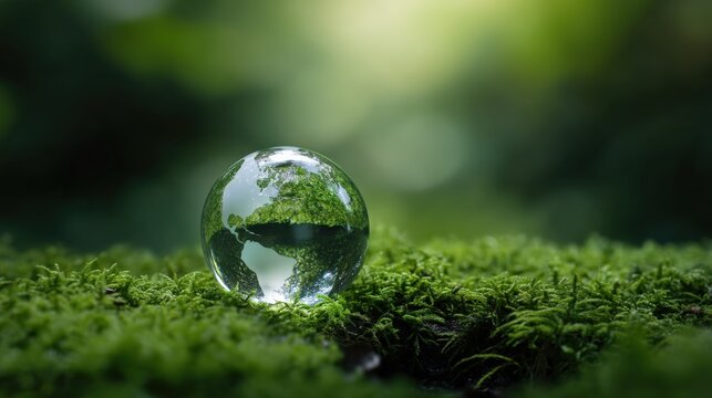Glass globe resting on a bed of vibrant green moss, symbolizing environmental protection and sustainability