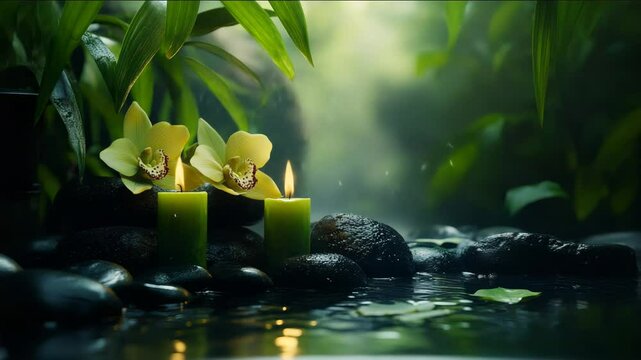 Serene spa setting with glowing green candles, aged black rocks and bright yellow orchids in a peaceful Indian interior - Powered by Adobe