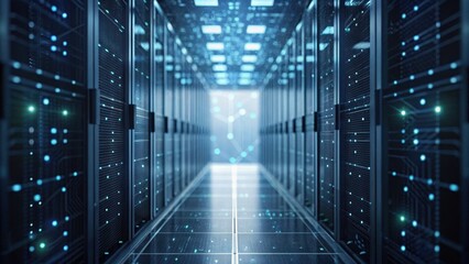 Futuristic data center corridor with illuminated panels and circuit patterns creating a high-tech atmosphere.